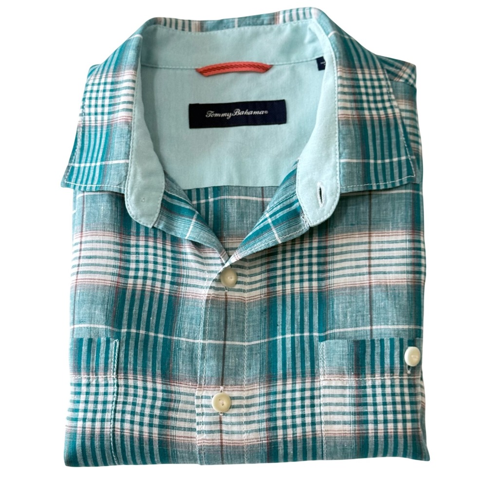 Tommy Bahama Mens Large 100% Linen Short‎ Sleeve Plaid Button Down Shirt Teal